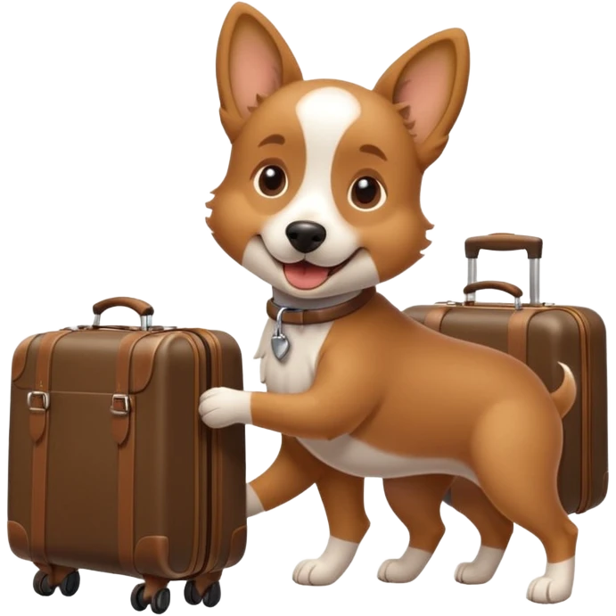 A cheerful dog pulling a small rolling suitcase behind it. emoji