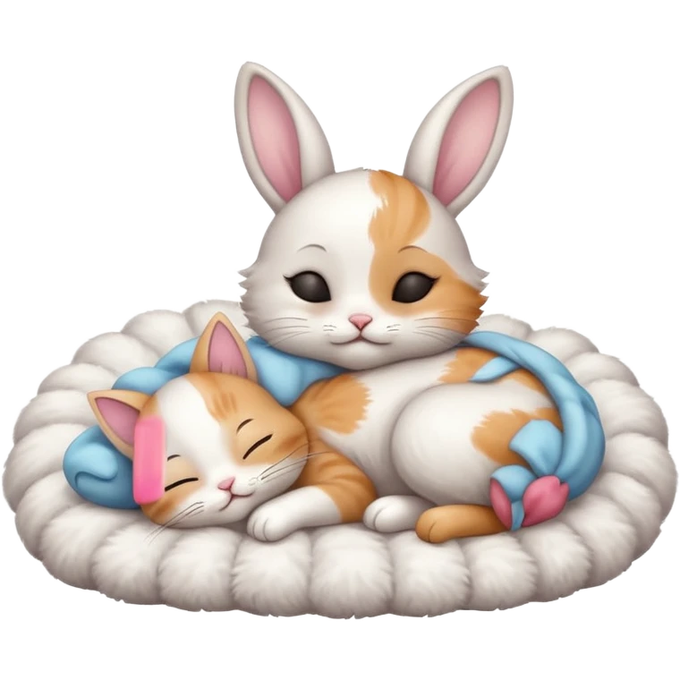 A little kitten sleeping next to a sweet rabbit  emoji