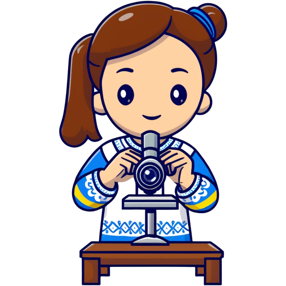 Ukrainian girl in traditional embroidered vyshyvanka shirt holding a microscope emoji