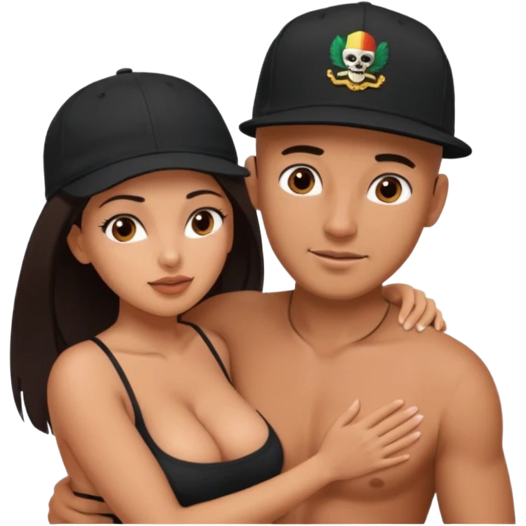 A picture of a tanned couple in a sex position. the man is a Mexican man with tanned skin, with a bald hair cut wearing a SnapBack hat and a black shirt. the woman has thick dark brown hair and with big naked boobs that he is grabbing emoji