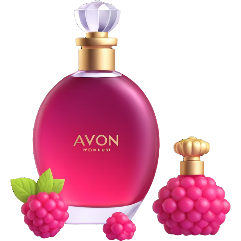 AVON women's perfume bottle next to a raspberry-shaped bottle emoji