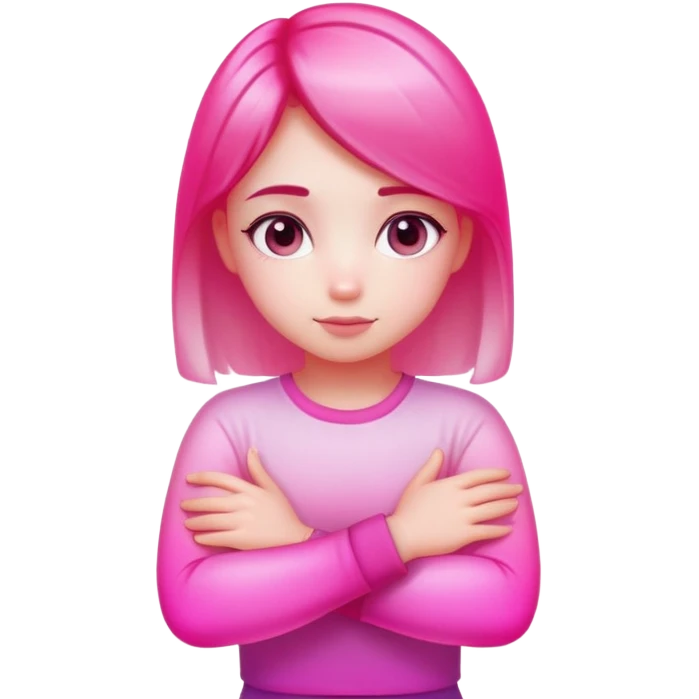 Shy girl character with arms crossed, transparent glass style, bright pink gradient, soft shadows and highlights, minimalist cute design emoji