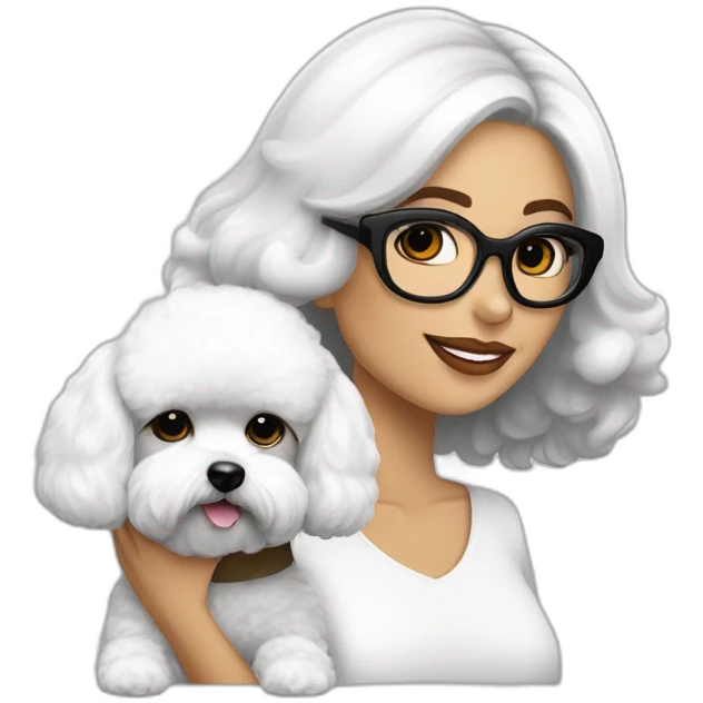 mujer piel blanca pelo largo negro gafas y perro bichon maltés blanco emoji