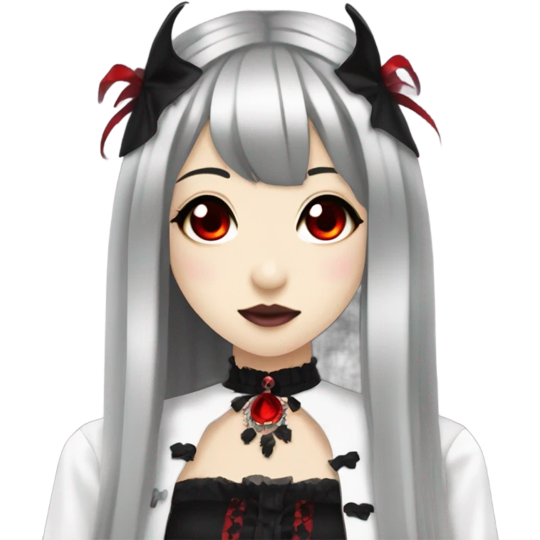 hime gyaru girl, black hair, goth, red eyes, vampire emoji