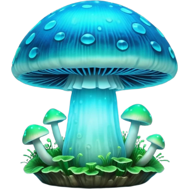3D render of Glowing Mushroom, bioluminescent deep sea style, glowing neon blue and green lights, dark background to contrast the glow, translucent organic textures. emoji