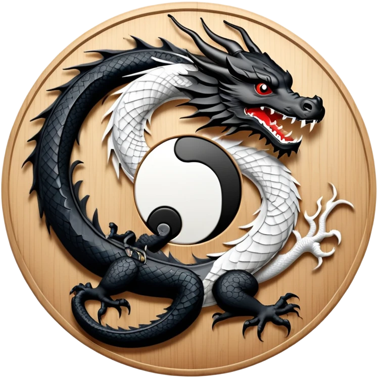 An icon symbolizing Eastern martial arts in the style of an emblem, featuring a black-and-white Yin-Yang symbol and a dragon at the center, surrounded by elements like a dojo. Transparent background highlights balance and power. emoji