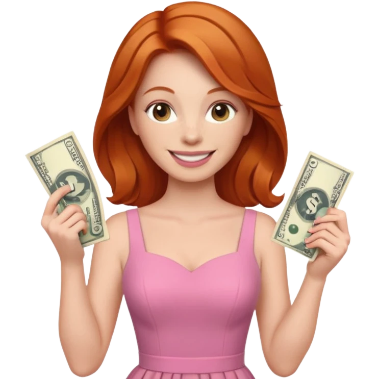 ginger hair Woman wearing pink dress holding dolar emoji