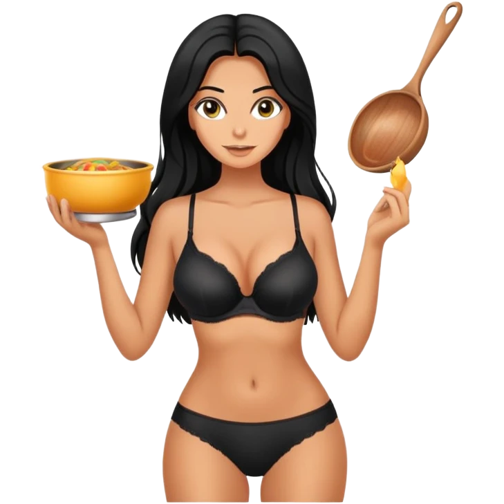 cooking, black long hair tanned woman, black bra and panties emoji