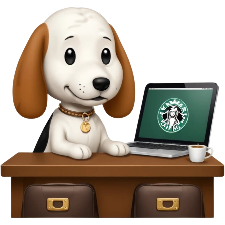 snoopy in a desk with starbucks and his chanel purse emoji