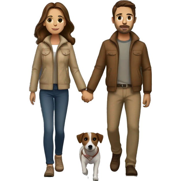 Couple with brown hair and beige jackets and brown pants holding hands on a late night walk with a jack russell terrier emoji