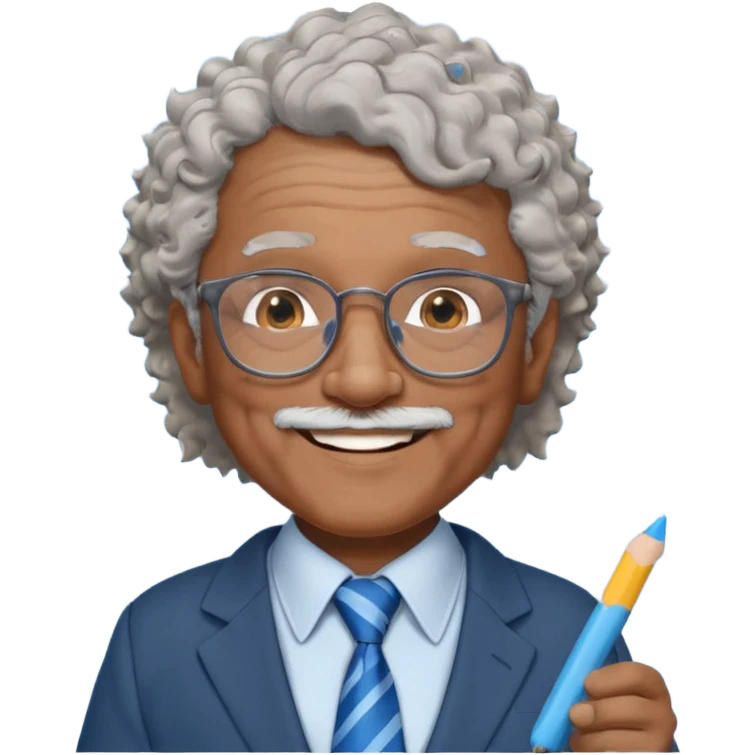 old man teacher, brown skin, curly grey white hai, wearing glasses, brown suit, blue tie hold chalk on hand emoji