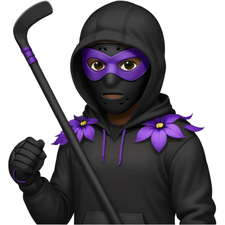 non human male cartoon character related to a shadow, all black skin, with all black clothes, focusing a black hoodie, and a black hockey mask covering his entire face, just his purple shadow eyes making a light bloom, no background emoji