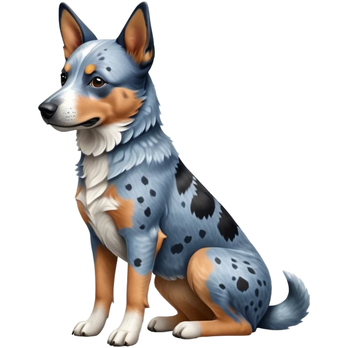 cinematic-[australian catle dog]-realistic-full-body-sitting-emoji,-tail-resting-loosely-beside-its-paws,-head-tilted-dramatically,-sleek-[vibrant-blue-speckle-fur]-fur,-simplified-yet-realistic-focused-features,-highly-detailed,-glowing-with-an-almost-sarcastic-glow emoji