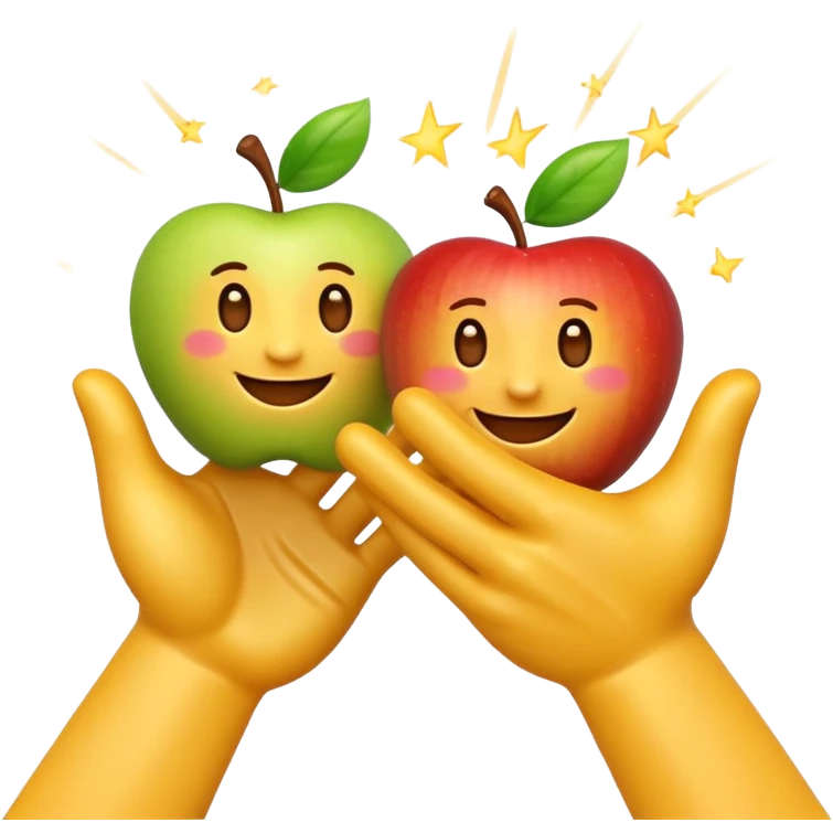 A 3D Apple-style emoji of two different cartoon hands clapping together in a fun "high five" gesture, only the hands are visible, surrounded by small motion lines and spark effects, radiating cheerful and playful energy, colorful and vibrant design emoji