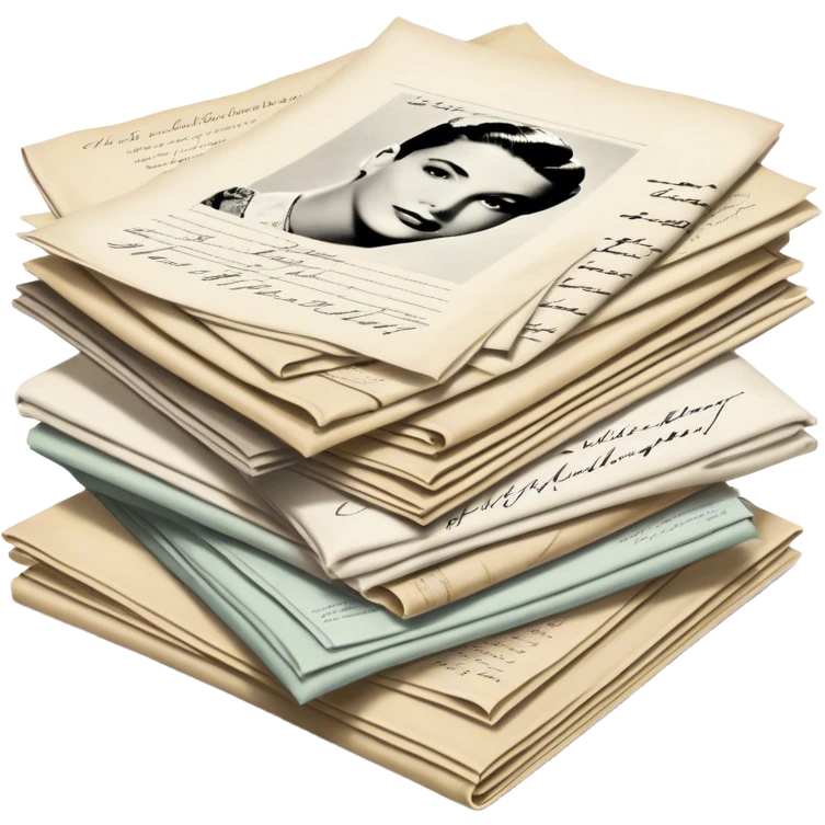 Icon for Autograph Collecting: several vintage sheets stacked one on top of the other, each framed with signatures of famous celebrities. The icon should evoke the charm and history of collecting autographs. Transparent background. emoji