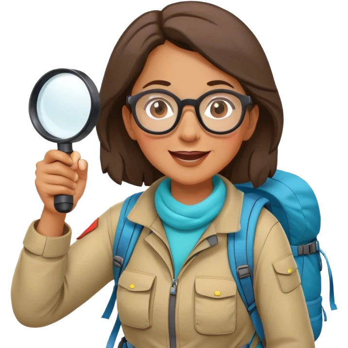 Middle-aged woman explorer with glasses in bright hiking gear and backpack, excitedly holding magnifying glass emoji