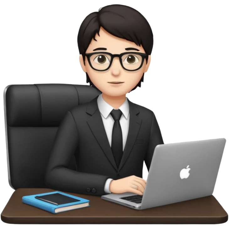 un estudiante con lentes y su laptop CON TERNO Y CABELLO NEGRO emoji