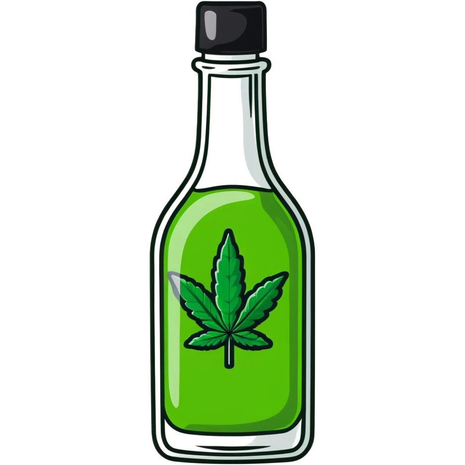Curved red glass bottle like Coca-Cola with a green cannabis leaf printed on it and a label emoji