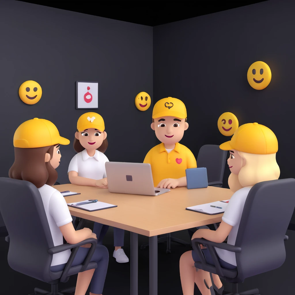 Show the start-up CEO, millennial, with cap and shirt in a modern meeting room, 3D emoji style. emoji