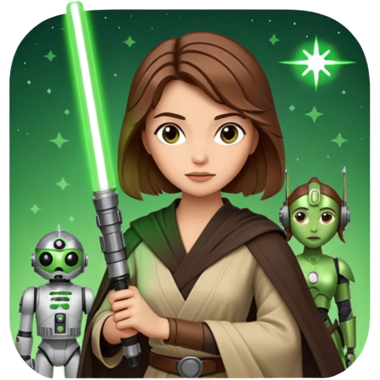 Ios 18 starwars theme ( jedi, robots etc..) brown hair lady with lightaber green or red emoji