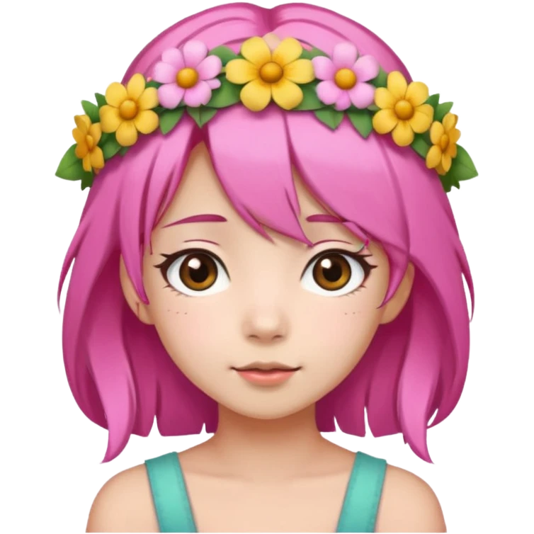 An Asian girl with  pink hair, big eyes,sweet
 emoji