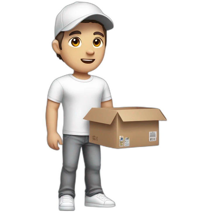 Pale skinned fit Man with dark brown hair in a white cap, gray jeans and gray polo T-shirt keeping a pasted with tape box into his hands emoji