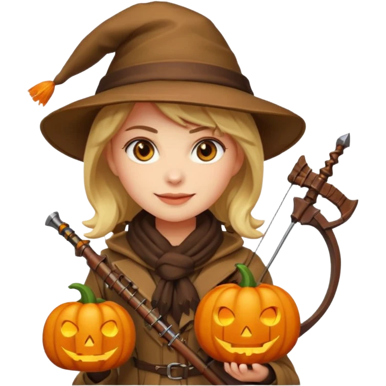 female human monster hunter emoji, wearing brown coat and hat, holding crossbow, soft smile, scarf, glowing pumpkin by her side, Halloween fantasy style, clean vector Apple emoji look, bright colors, white background, square emoji