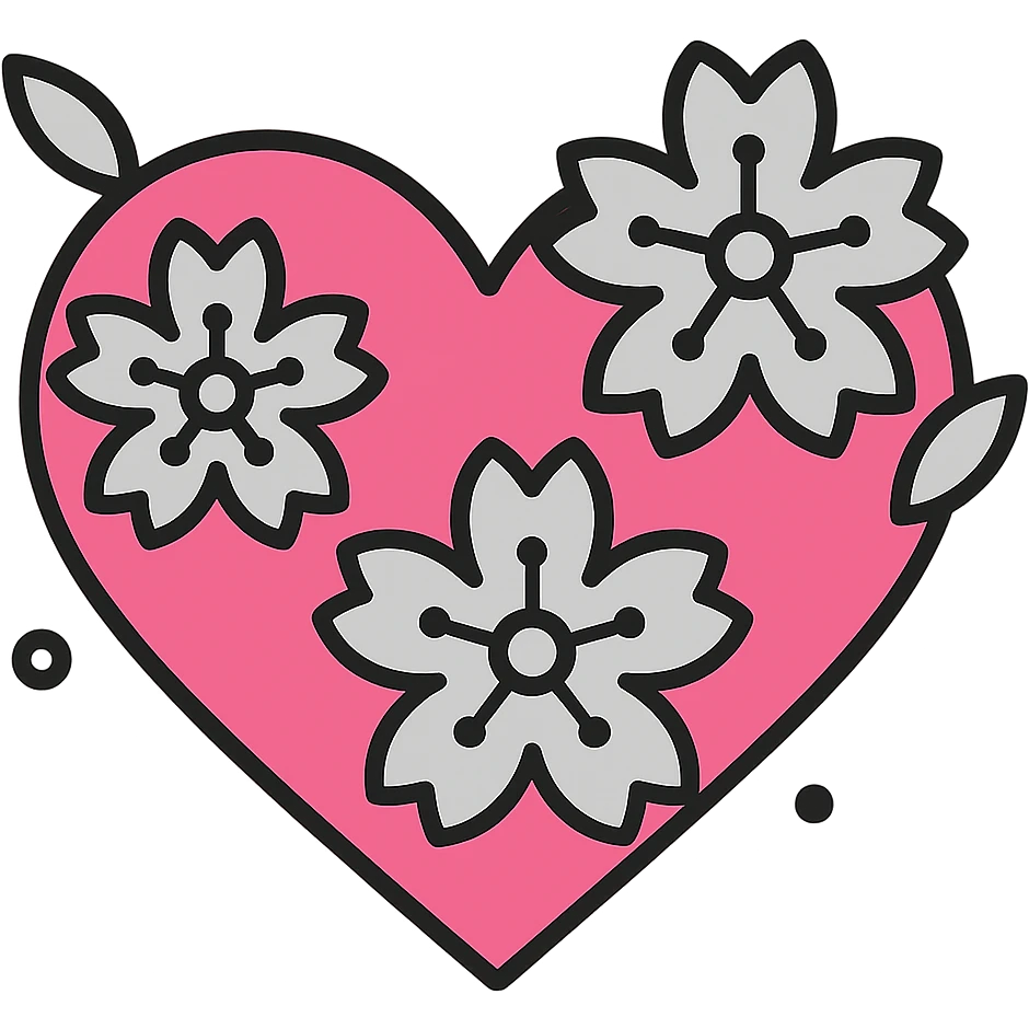 Make the silver details on the heart with sakura more prominent in color outline icon style. No background. emoji