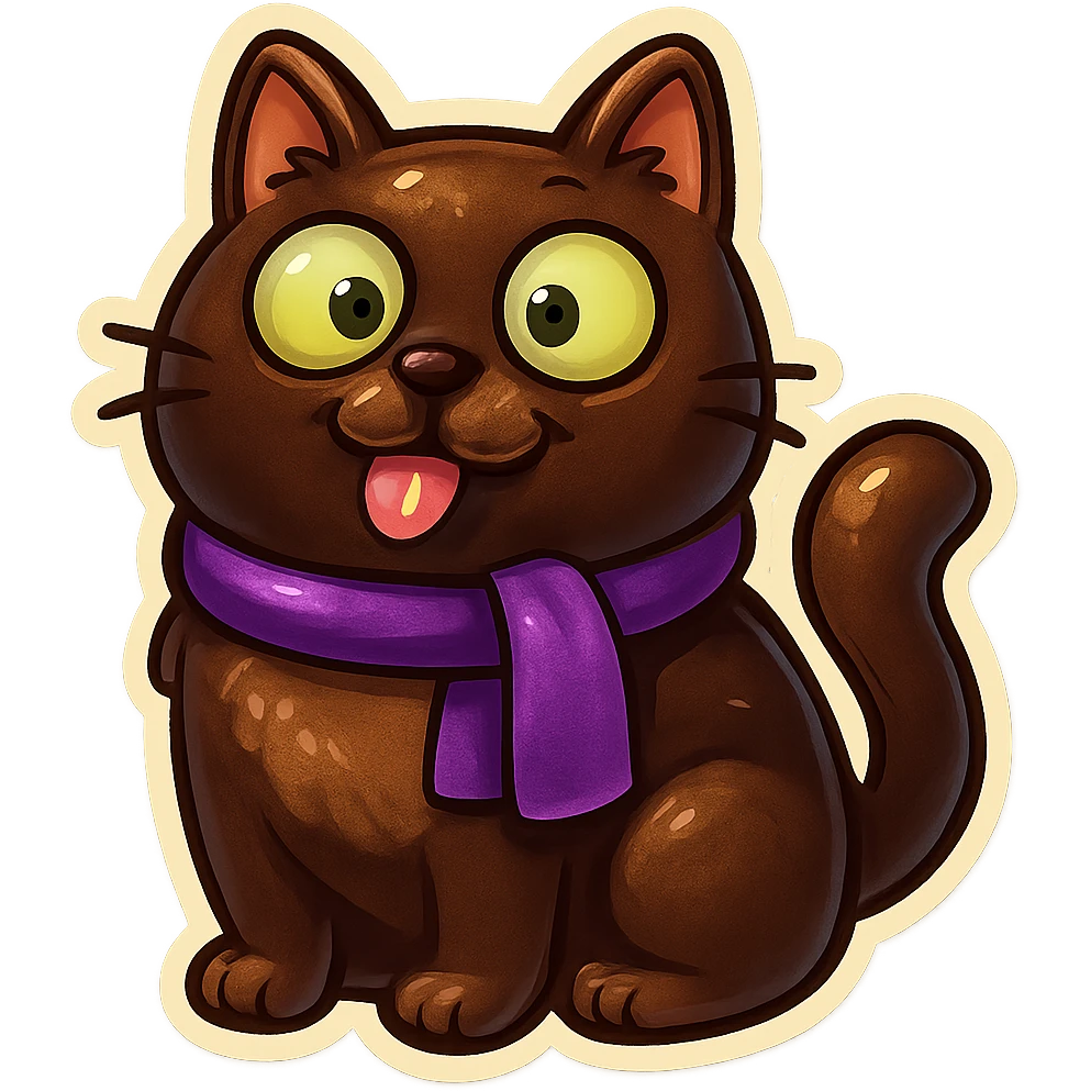 Fluffy cute derpy silly goofy funny dark-brown cat with green eyes and a purple scarf  emoji