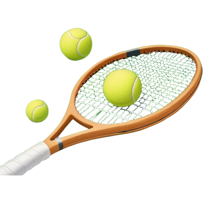 A tennis racket and ball placed on the grass court, with the lines of the court clearly visible in the background. The scene captures the essence of the sport, highlighting the equipment and the vibrant, open atmosphere of a tennis match emoji
