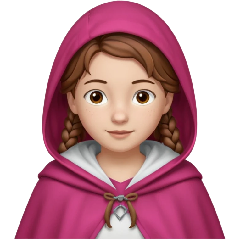 a 12 year old girl with fair skin, freckles, and brown hair done in French braids that come down to her breasts. she has a red hooded cape with the hood drawn. she has big, brown eyes and normal eyebrows. she has a pretty white t-shirt under her cloak. she has a warming smile with pale pink lips emoji
