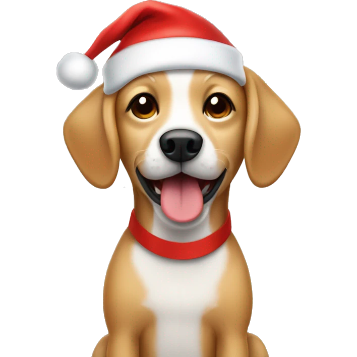 Small happy Tan dog with floppy ears in a Santa hat emoji