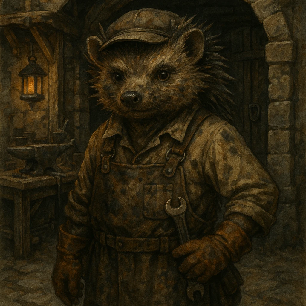 anthropomorphic humanoid hedgehog in a working engineering uniform, dirty muzzle and clothes, standing in front of an old medieval workshop, direct look, dungeons and dragons style, detailed illustration, artstation quality emoji
