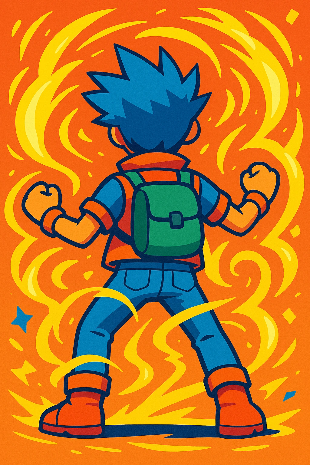 back view of a game avatar with swirling yellow energy, energetic and colorful emoji