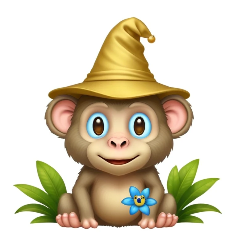 Funny cartoon hybrid baboon-bush with big feet and nose, golden hat, tiny blue frog inside, emoji style, transparent background, magical and surreal emoji