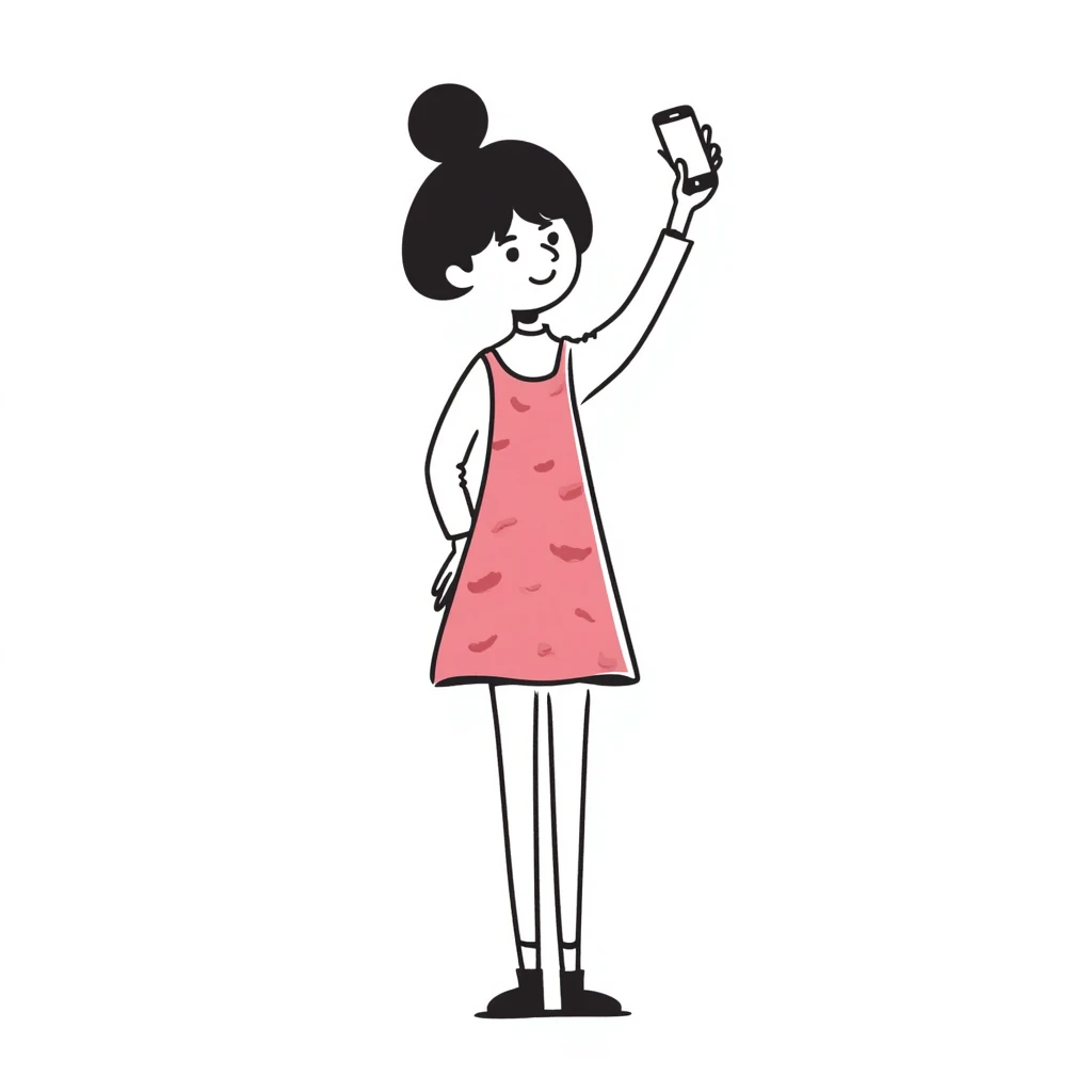 girl wearing a cute pink dress taking a selfie emoji