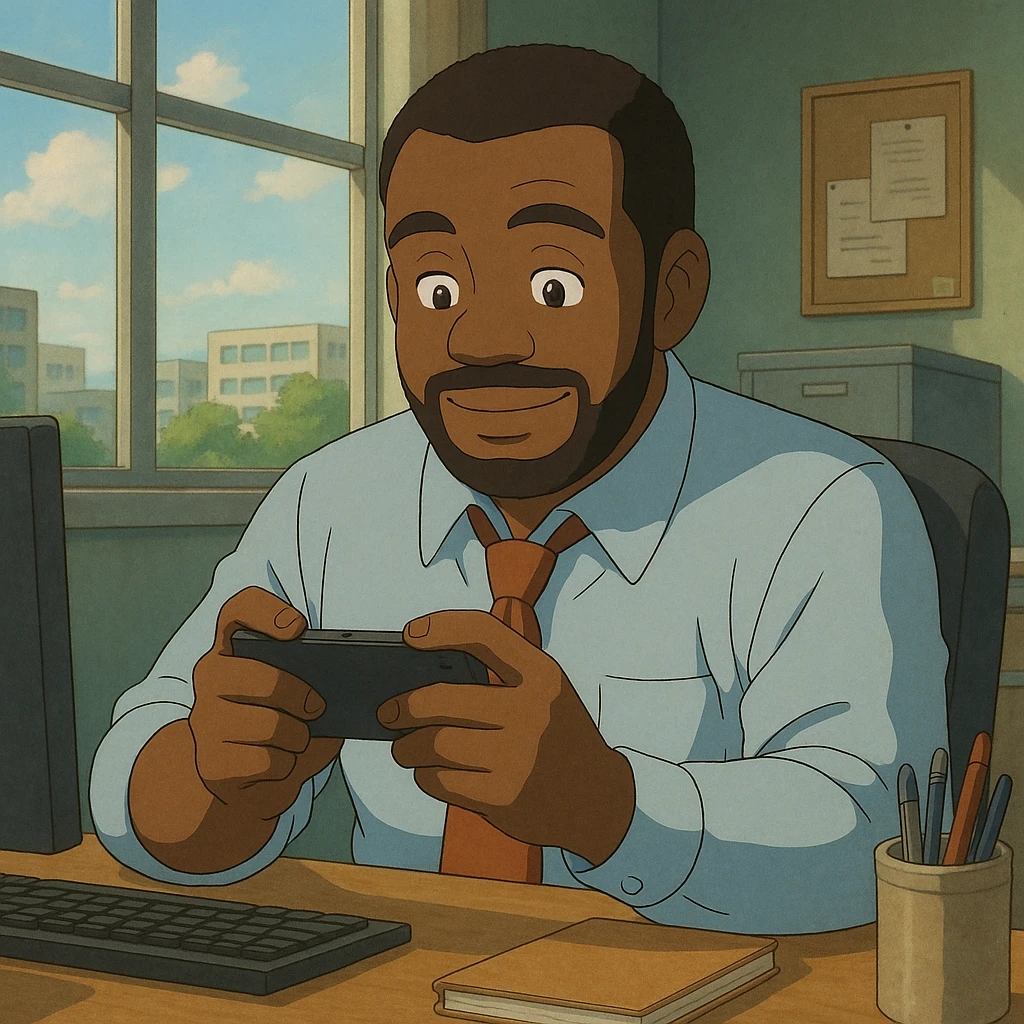 Black office employee playing on his phone emoji