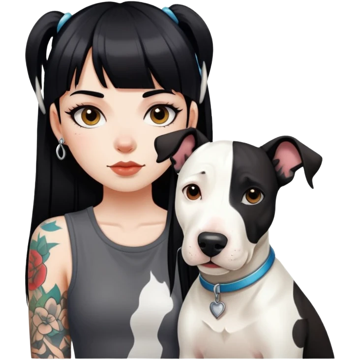 girl with long black  straight bangs hair with tattoo and a Springer dog  and  bull a   white terrifying dog emoji