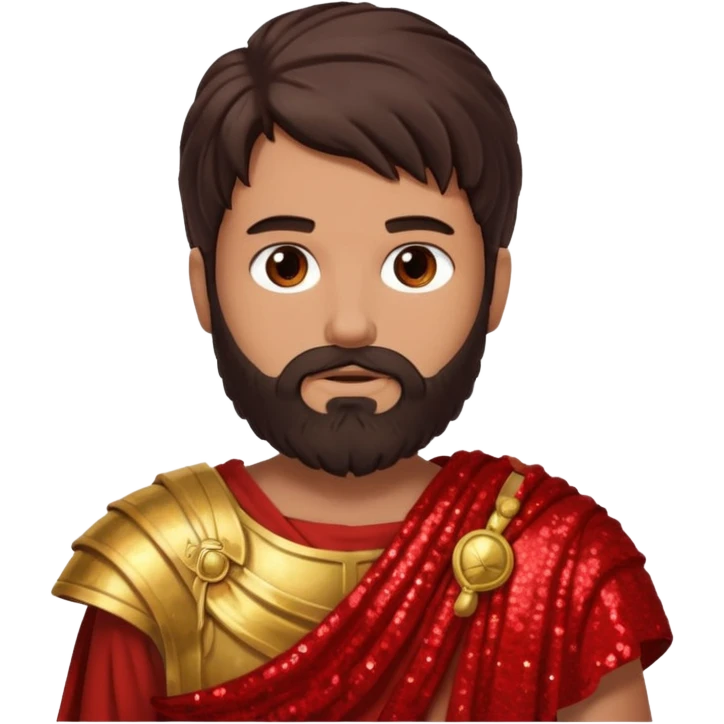 Mars from Roman Deities with long dark brown hair and beard, red sequin toga, light tan skin emoji