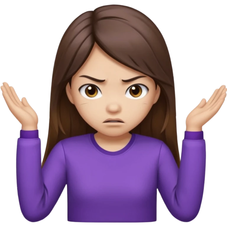 Angry Pouty girl with small asian eyes folding arms in a purple longsleeve shirt she has fair skin and long length brown hair with highlights emoji