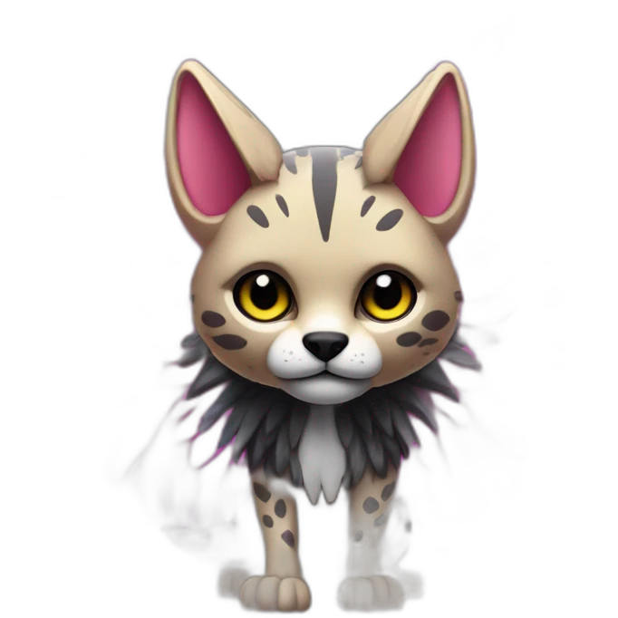 Coyote ocelot standing with grey and black fur and phoenix wings on back and pink ears half skeleton, neon lights emoji