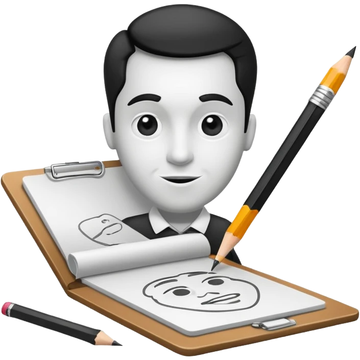 Create an icon representing the process of creating a black-and-white caricature. Include a pencil, a sketchpad with a humorous, exaggerated figure, and inking tools. Use bold lines and shading, with a transparent background. emoji