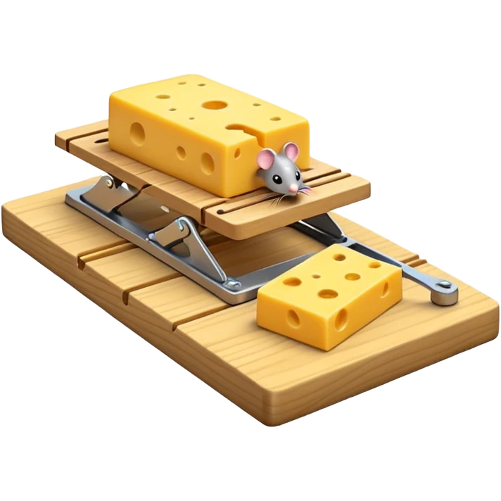 A 3D emoji in iOS emoji aesthetic style of a small mousetrap on a wooden base with a tiny gray mouse approaching a small piece of yellow cheese on it, minimal white background, bright lighting, clean and glossy Apple-style design emoji