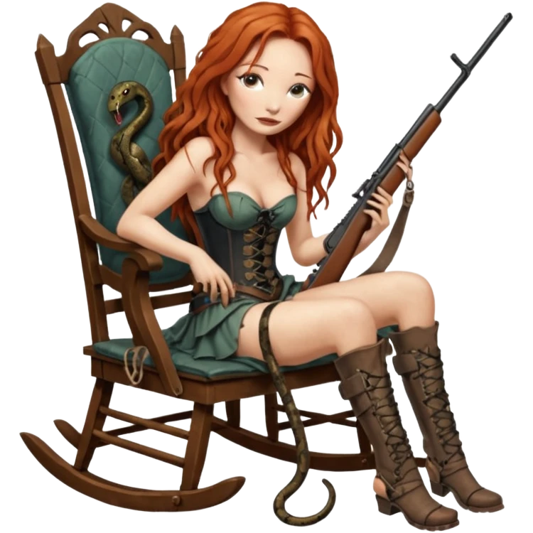 solarpunk ultra HD Tori Amos casually crouches on a rocking chair in a torn corset, holding a lintlock rifle and with muddy feet. a bronze snake wrapped itself around the chair emoji