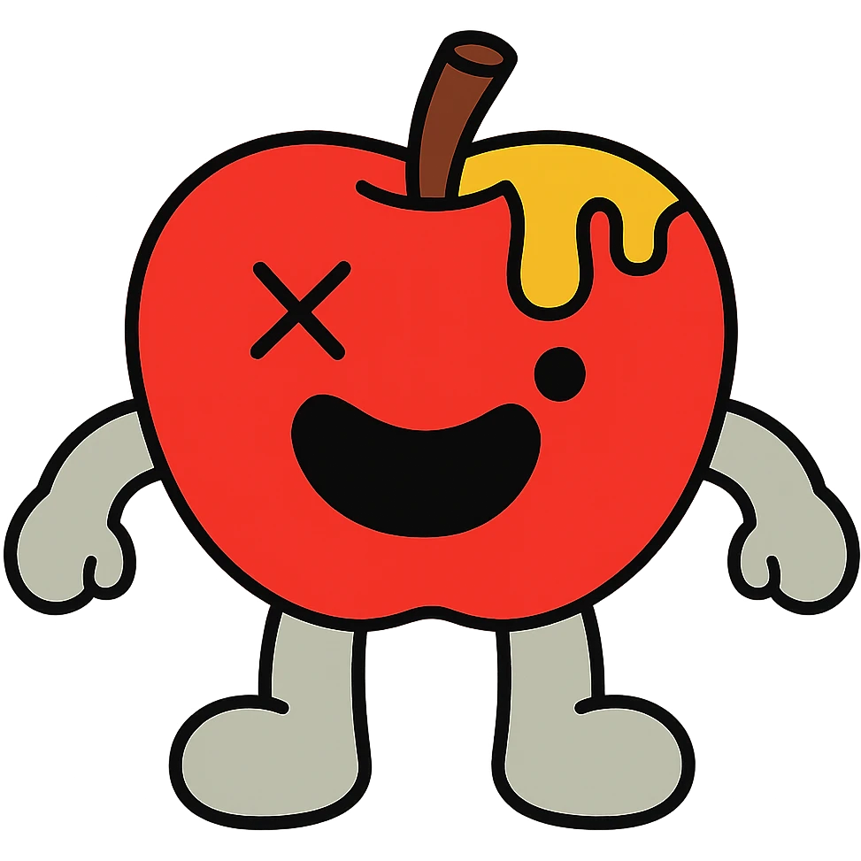 plush apple character with light grey arms and legs, left eye is an X, yellow ichor dripping from stem, big smiling mouth, no leaf emoji