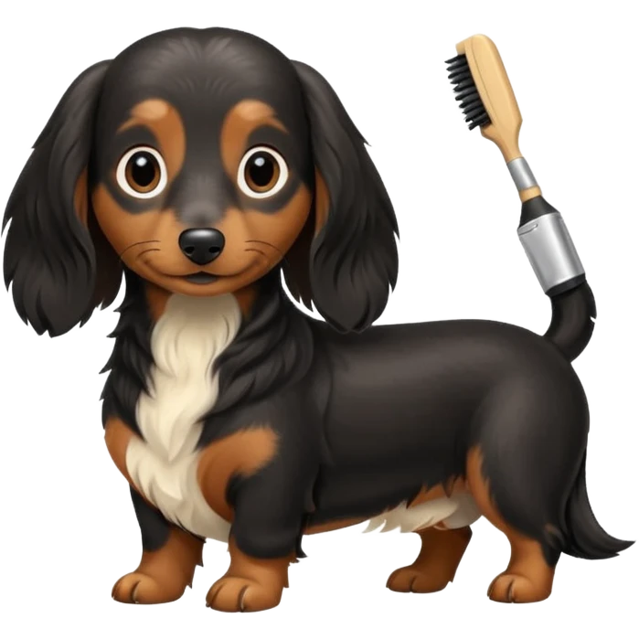 Black and cream long haired dachshund getting groomed emoji