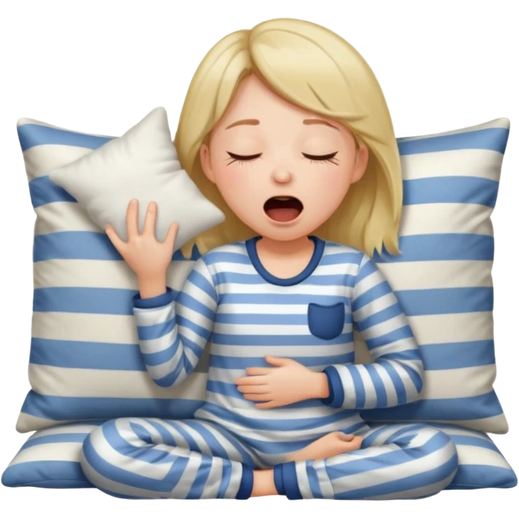 {
      "type": "human",
      "look": "girl in striped pyjamas, yawning, holding pillow",
      "description": "a sleepy girl in striped pyjamas yawning while holding a pillow"
    } emoji