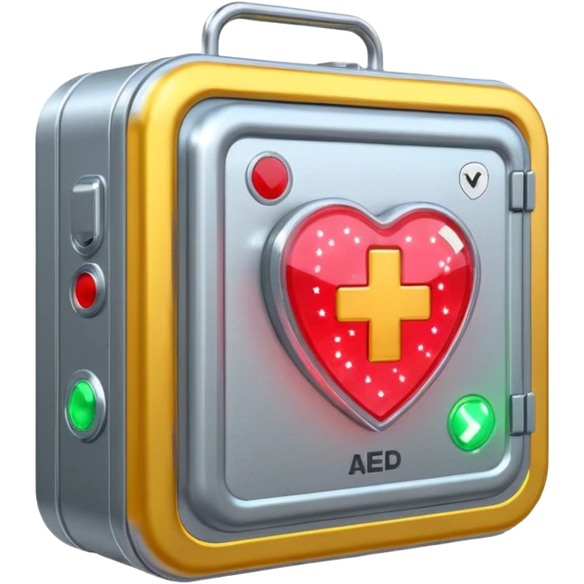 sci-fi AED box, surrounded by glowing sparkles and neon accents emoji