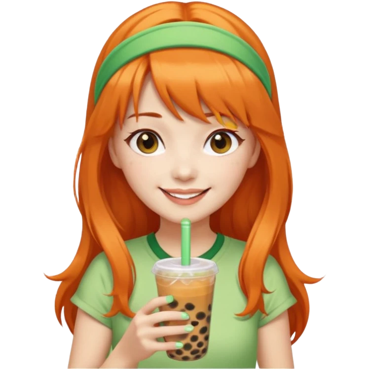 Create an emoji of a fair-skinned woman with long orange hair, bangs, and a green headband, holding a cup of bubble tea. emoji