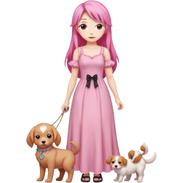 Pastel anime lady long hair pink long dress full body holding puppy emoji